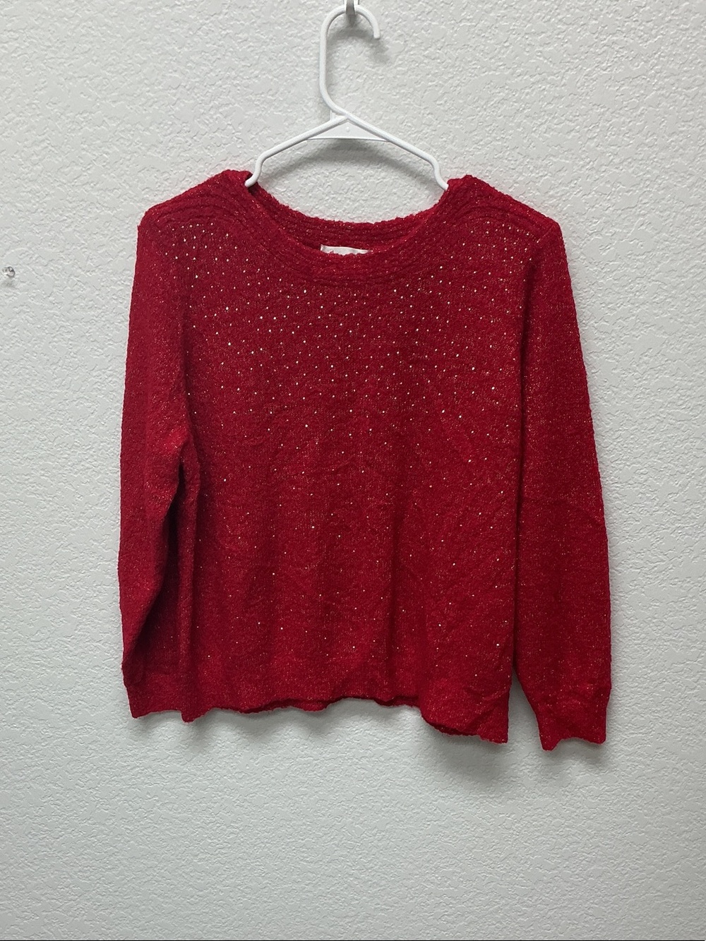 Women's Red Crewneck Knit Sweater with Subtle Metallic Detail